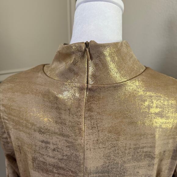 Boston Proper Metallic Gold Keyhole Mock Neck Top Size M Shiny Statement Blouse - Picture 4 of 5
